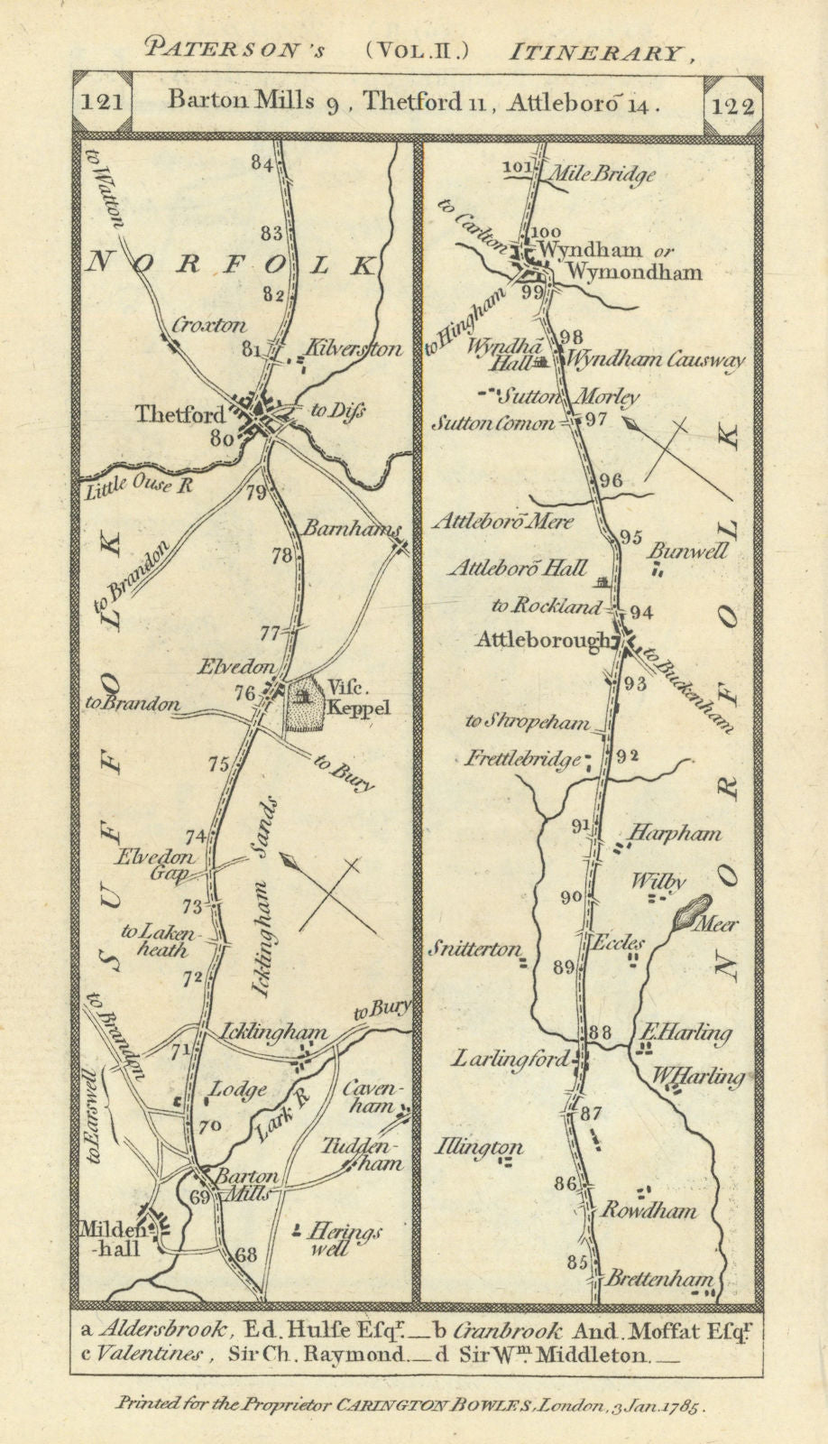 Mildenhall-Thetford-Attleborough-Wymondham road strip map PATERSON 1785